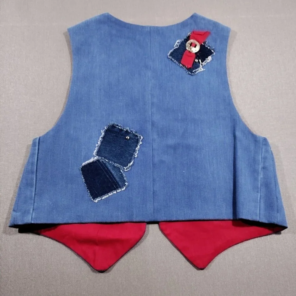 Vtg Handmade Denim Patchwork Vest Large Bandana Print Concho Lined